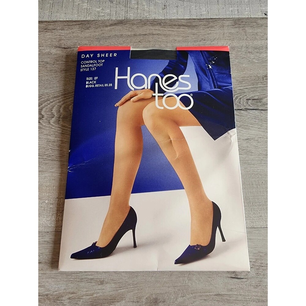 Hanes Too Day Sheer Control Top Pantyhose Sz EF Black Sandalfoot New